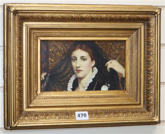 Manner of Frederick Lord Leighton, oil on board, The Assignation, 12 x 21cm